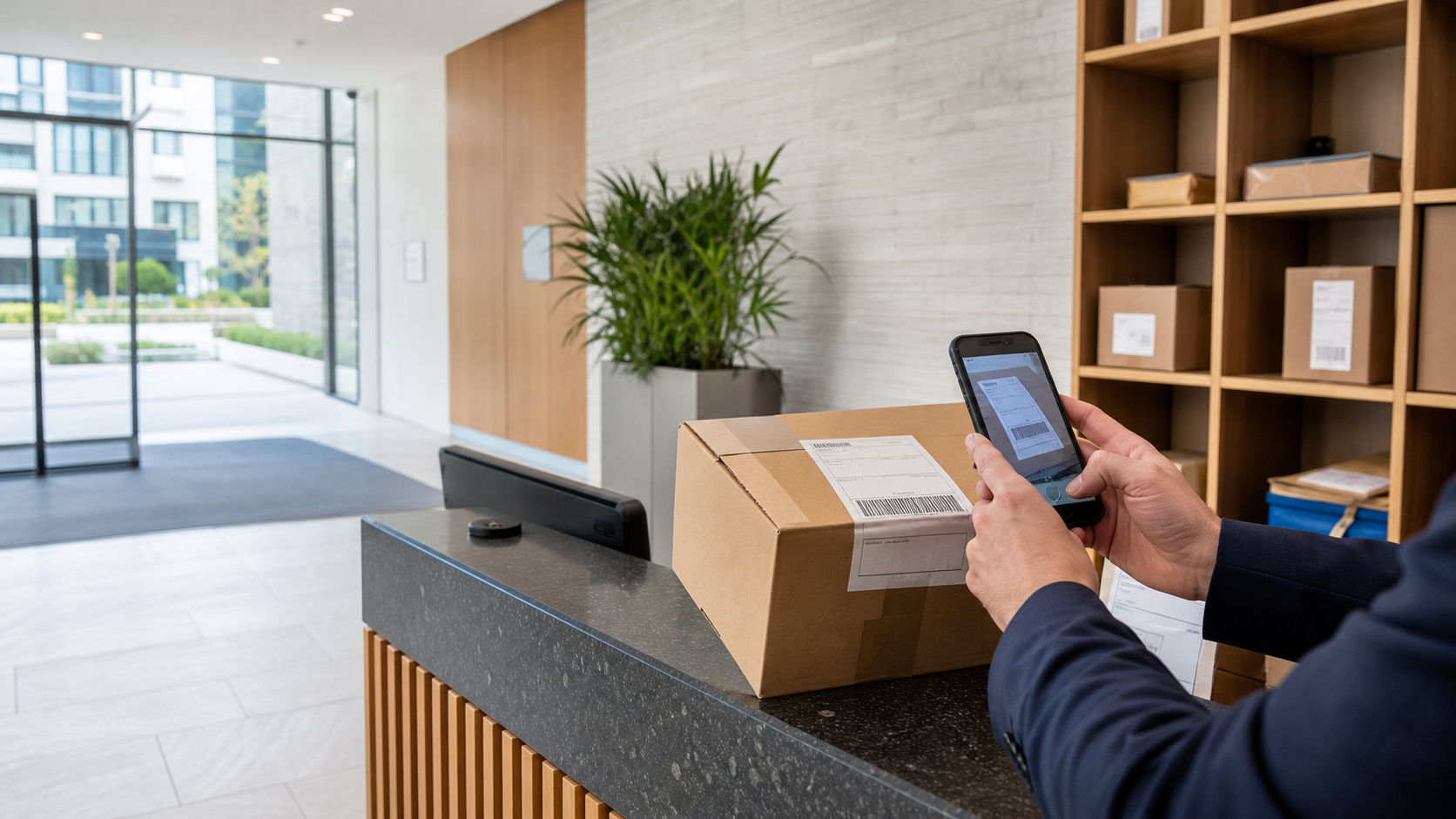 Residential property reception using LobbyPost to scan an incoming parcel