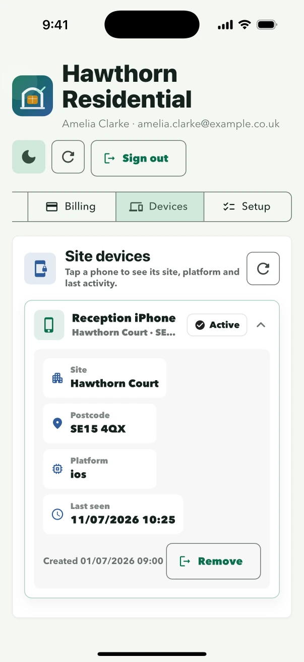 LobbyPost owner account showing authorised devices