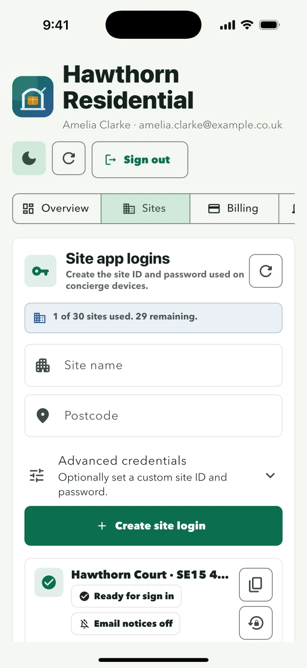 LobbyPost owner account showing site access